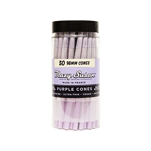 Blazy Susan Purple Pre-Rolled Cones 50 Count (98mm) - Slow-Burning Rolling Paper & Ultra-Thin Natural Preroll Cones with Filter Tips - Vegan GMO-Free Convenient & Easy-To-Use Prerolled Cones