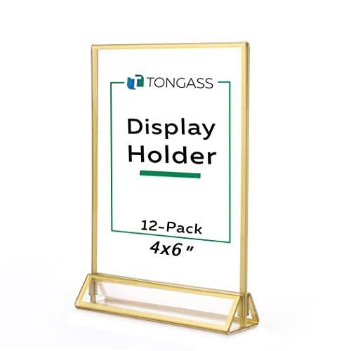 Tongass (12-Pack) 4X6" Standard Double-Sided Acrylic Wedding Table Numbers Picture Frames, Clear Sign Holders With 3Mm Gold Border & Vertical Stand #TOP29