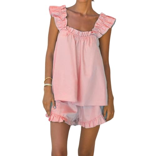 Image of ROAONOCOMO Women Floral Pajama Set Ruffle Babydoll Cami Top Coquette Pj Set Gingham 2 Piece Shorts Outfit Bridal Loungewear