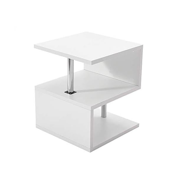 Multifunction S Shape Coffee End Table, 2 Tier Storage Modern Design Side Table storage Shelves with LED Lights for Display White