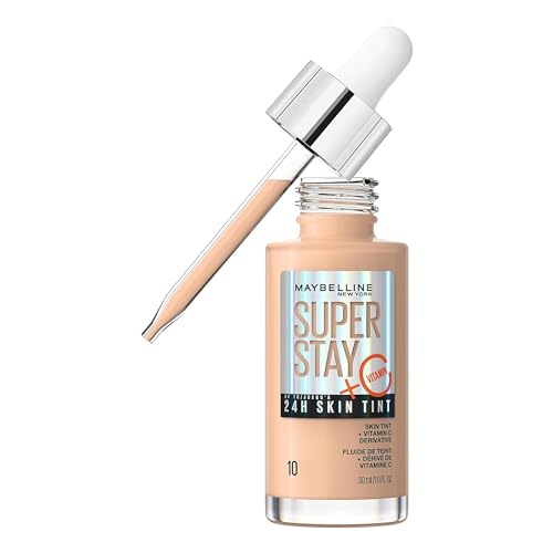 Maybelline New York,Base de maquillaje enriquecida con Vitamina C, Hasta 24H, Acabado luminoso, Superstay Skin Tint, Tono 10