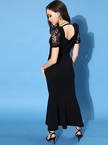 Image of Miss Chase Women's Black Square Puff Sleeve Solid Lace Overlaid Ankle Length Dress (MCSS22D13-48-62-07, Black, XXL)