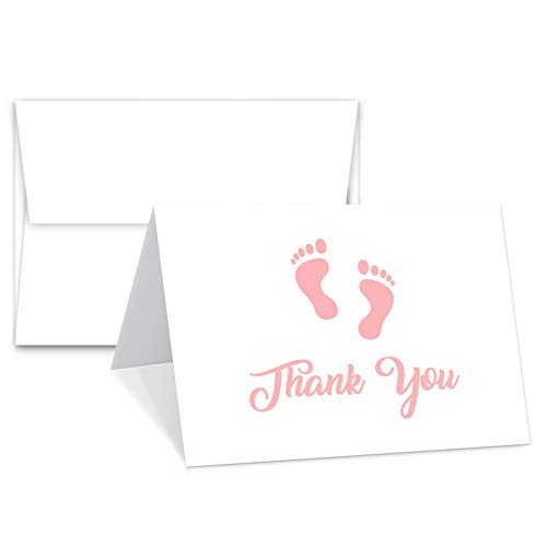 Baby Girl Pink Footprint Thank You Cards With Envelopes - Blank on The Inside - Baby Shower Gifts | 4.25
