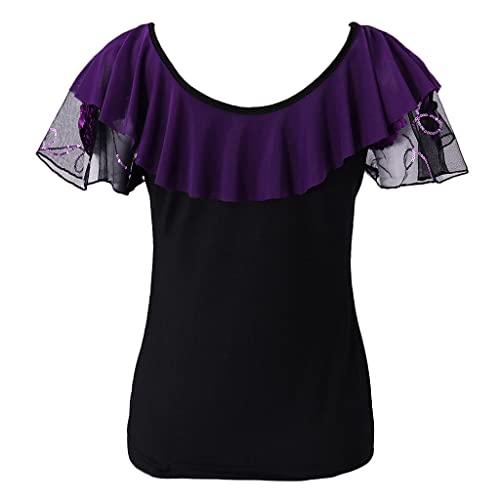 Camisa feminina de dança latina menolana com mangas curtas elásticas – Roxa, GG