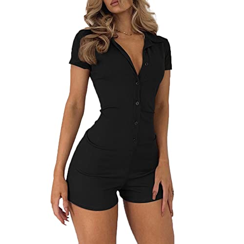 Image of Shevog Shorts Jumpsuit Playsuit for Women Slim Fit Turn Down Collar Button Up Romper (Black, UK 6-8 /Tag S)