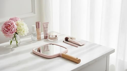 Image of Wood Handle Mirror Square 25x13 cm | Portable HD Grooming & Makeup Mirror | Eco‑Friendly Plastic Frame | Travel & Shaving Handy Mirror (1, Square)