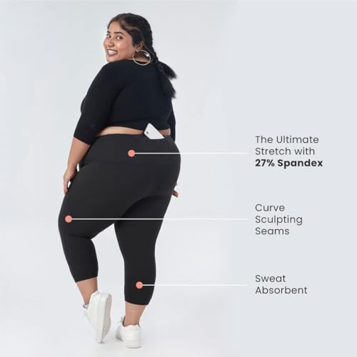 Image of BlissClub Womens The Ultimate Capris, 3 /4th Length Pants, Super- High Waist, 2 Pockets, Wide Waistband, Activewear for Women