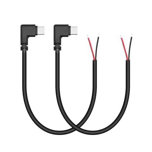 USB C to 2 Pin Bare Wire Open End Power Cord 10inch, 90 Degree USB Type C Male Plug 2 Pin Pigtail Cable 20AWG 5V for USB Type C Equipment Installed or Replacement Repair DIY Cable（2Pcs