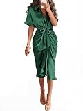 BTFBM Dresses for Women Summer Button Short Sleeve Silk Satin Ruched Spring Maxi Dress 2026 Cocktail Party Wedding(Deep Green, Small)