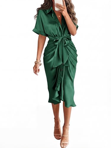 BTFBM Dresses for Women Summer Button Short Sleeve Silk Satin Ruched Spring Maxi Dress 2026 Cocktail Party Wedding(Deep Green, Medium)