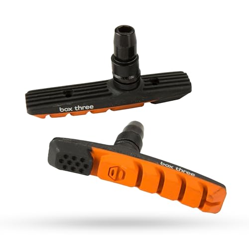 Box Three 70 Millimeters BMX Brake Pads Matte Black w/Pad Printing Body Dual Compound Rubber Pad & Pivoting Posts | Orange