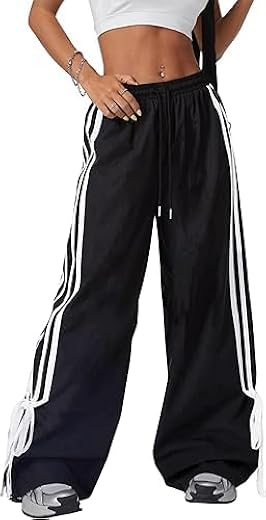 AREAL FASHION Women's NS Baggy Wide Leg Pants, Striped Track, Elastic Waist, Long Sweatpants