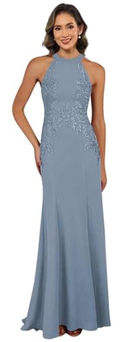 Image of KDTM Satin Lace Mother of The Bride Dresses Long Halter Sleeveless Formal Dresses for Women Wedding Guest