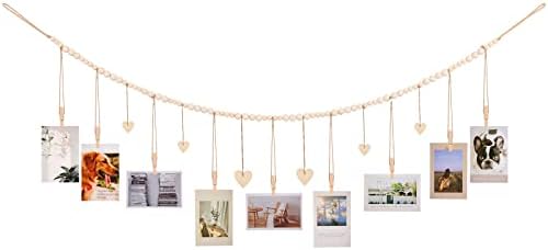 Hanging Photo Display Room Wall Decor, Wooden Bead Garland Boho Collage Picture Frame, Photo Hanger with 9 Wood Clips and 6 Wooden Hearts Tags for Home, Bedroom, Office, Nursery, Dorm Decor (1)