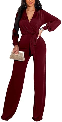 Image of shengfan Formal Jumpsuits for Women Dressy Evening Sexy Deep V Neck Plus Size Long Wide Leg Pants Rompers Clubwear
