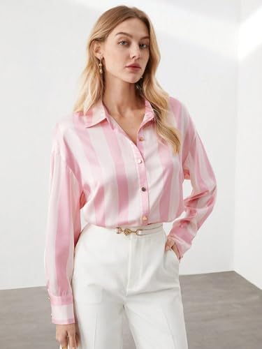 Image of IndoPrimo Women's Satin Shirt with Long Sleeves Western Style Spread Collar Neck Relaxed Fit Stripe Printed Pattern and Standard Length