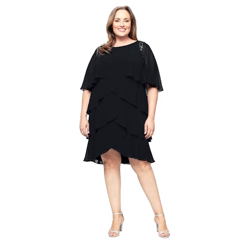 Image of S.L. Fashions Women's Plus Size Tiered Chiffon Cocktail Party Dress with Attached Cape & Beaded Shoulders