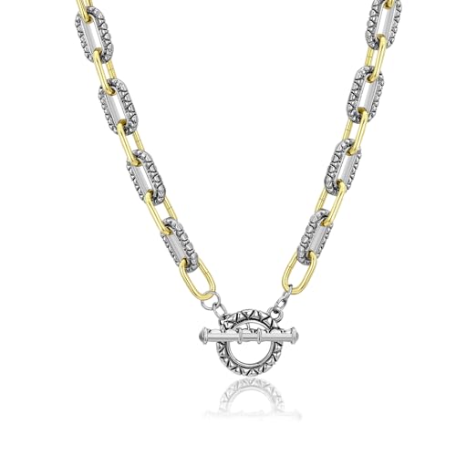 dnswez Two Tone Wire Necklace Gold and Silver Link Chain Adjustable 18K Gold Plated Twist Vintage Classic Jewelry (Rectangle - Two tone)