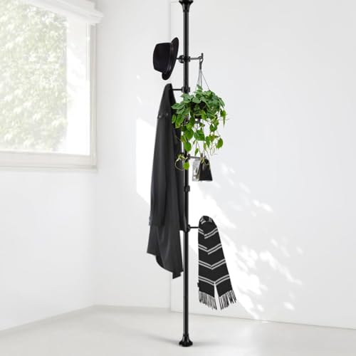 Sempicad Coat Rack Freestanding 56 to 125 inch Adjustable Tension Rod Hanger with 12 Hooks for Hanging Coat Plant Jacket Hat Scarf Suitable for Living Room Balcony Kitchen Black