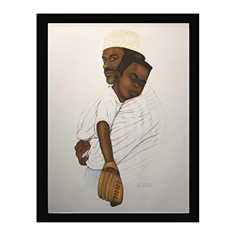 African American Baseball Wall Art Decor Framed Poster | Black Father with Son Artwork | 22 x 28 Premium (Canvas Like / Textured) Home & Bedroom Print | Cool Family Sports Gift for Living Room Walls Cover