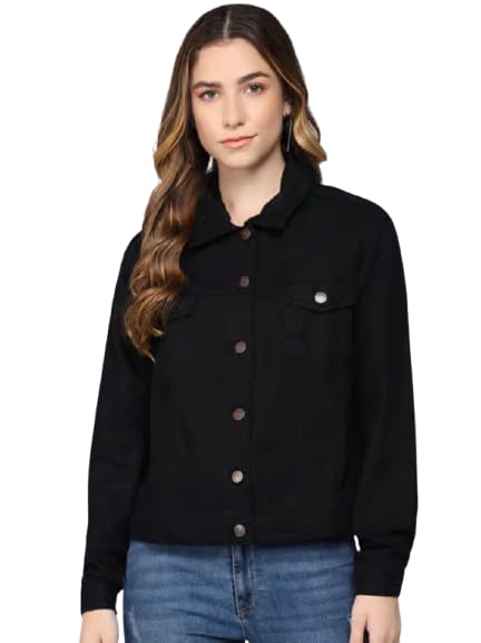 Black Woman long 100% Cotton Denim Relaxed Trucker Jacket 29600-picture-49