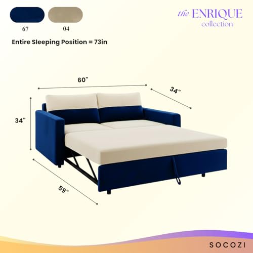 Image of SOCOZI Enrique 2-Seater Pull-Out Sofa Cum Bed | Soft Velvet Suede Fabric, Convertible Sofa Bed for Bedroom (Dark Blue-Cream)