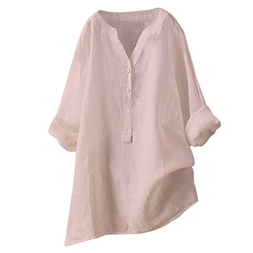 Camisa de lino para mujer, blusa de algodón y lino para mujer, cuello en V, botón de manga larga, tops, tamaño grande, barato, color liso, suelto, transpirable, camisetas, casual de algodón, lino