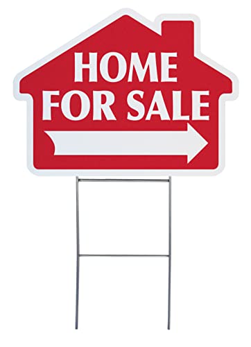 Home For Sale with Arrow Sign Kit, Die Cut House Shape and Yard Stands, Durable Corrugated Coroplast, UV Ink, Real Estate Agent Supplies, 18x24 Signs + Yard Stakes (Red - Home For Sale (1)