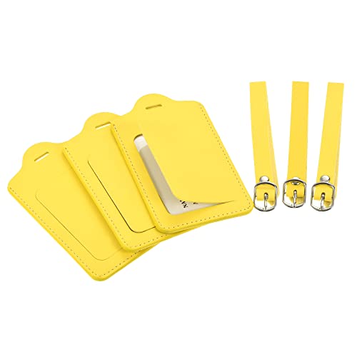 Image of sourcing map Luggage Tag PU Holders, 12x7cm Baggage Label Identifier with Straps for Backpack Travel Bag Suitcase, Yellow Pack of 3