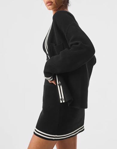 Image of Women's Oversized Knit Cardigan Sweaters Button Down Stripes Trim Cardigan Tops Casual Outerwear with Pocket Black