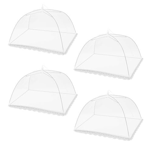 CATELL 4 Pièces Cloche Alimentaire Pliable, Cloche Alimentaire Anti Insectes Bord en Dentelle Blanc Cloche Anti Mouche pour Barbecue Viandes Pique-Nique Plats Fruits et Aliments (32 * 32cm)