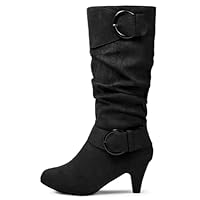 Dernolsea Knee High Boots Women, Faux Suede Stiletto Kitten Heel Side Zip Calf Length Slouch Boots Black Size 5