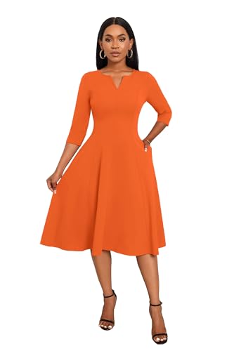 Image of Nmoder Midi Dresses for Women A-Line Fit and Flare Dress 3 /4 Sleeve V Neck Cocktail Wedding Guest Work Dress with Pockets