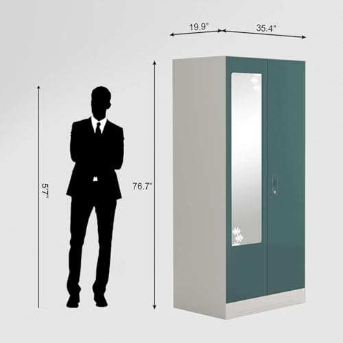 Image of Interio by Godrej Almirah Slimline 2-Door Steel Almirah, Cupboard for Clothes (Textured Sea Pine), 1-Year Warranty, 4 Shelves, 1 Drawer, 1 Locker, Star Design Mirror