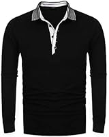 COOFANDY Men's Long Sleeve Polo Shirt Striped Collar Casual Slim Fit Cotton Polo T Shirts (Large, 01-Black)