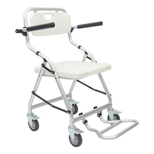 Silla de ducha con ruedas, taburete de ducha plegable, frenos de 4 ruedas, reposabrazos plegables, respaldo desmontable, capacidad de carga máxima de 150 kg, taburete de baño, silla de ducha para