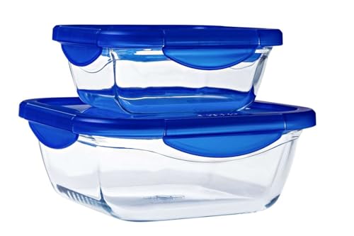 PYREX Cook & Go - Lot de 2 LunchBox Carrées - 0,8L et 1,9L - Verre Borosilicate - Compatible four, micro-ondes et lave-vaisselle - Made in France