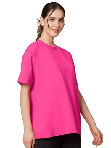 Image of LEOTUDE Women's cotton Oversized Fit Oversized Half Sleeve Tshirt, Round Neck Longline Drop Shoulder Solid T-Shirt