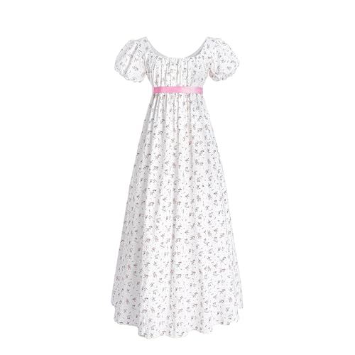 CR ROLECOS Regency Kleid Damen Jane Austen Kleid Empire Kleider mit Handschuhen Viktorianische Ballkleid Damen Lang Cocktailkleid Gala Weiß L