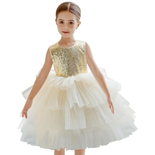 Girls Sequin Tulle V-Back Dress Sleeveless Multilayer Chiffon Birthday Party Dresses with Bow