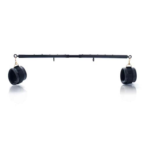 Heavy Duty Stainless Steel Expandable Black Spreader Bar with 2pcs Black Embossed PU Adjustable Straps,Sports Aid Fitness Gear, Pilates Aid kit, Exercise Guide