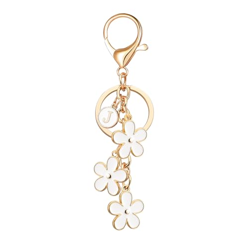 OUMILAN Initial Letter Keychain Cute Flower Charms Keyring for Handbag Backpack–Personalized A-Z Alphabet Jewelry Gift for Women Girl (J, White)
