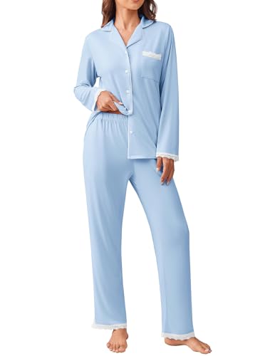 Image of Ekouaer Womens Pajamas Set Long Sleeve Sleepwear Button Down Lounge Set 2 Pieces Soft Nightwear Lace Pjs Set
