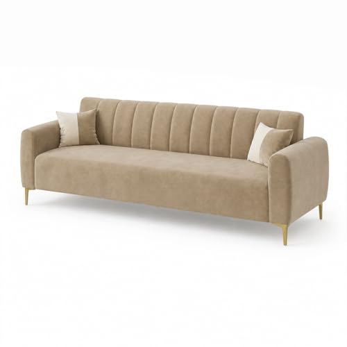 Image of Habibi Rich Velvet Suede 3 Seater Sofa Set | Spacious Soft Touch Comfort Seating | Modern Sofa for Living Room (Beige)