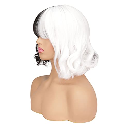 yeacher Preto e Branco Peruca Curta Ondulada Sintética Peruca Curta Ondulada Ombro Feminino Full Ban