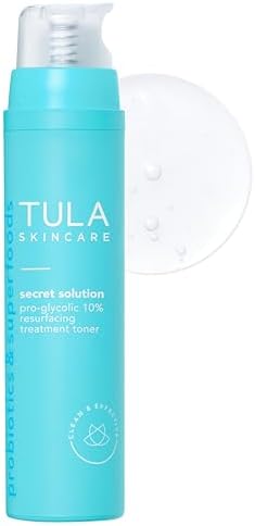 TULA Secret Solution Pro-Glycolic 10% pH Resurfacing Face Toner for Dullness & Uneven Skin Texture with Prebiotic Extracts & Hyaluronic Acid