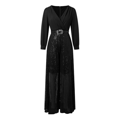 Mono de pierna ancha con lentejuelas para mujer traje elegante suelto de manga larga con escote en V 7