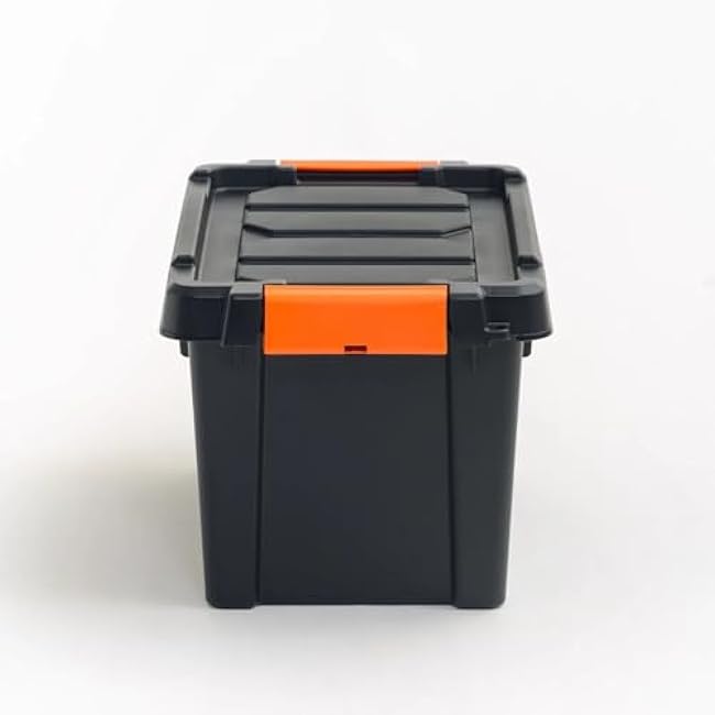 Heavy Duty Storage Container, 5 Gallon Capacity, Stackable Plastic Tote with Locking Lid, 18x12x10 inches, Black/Orange