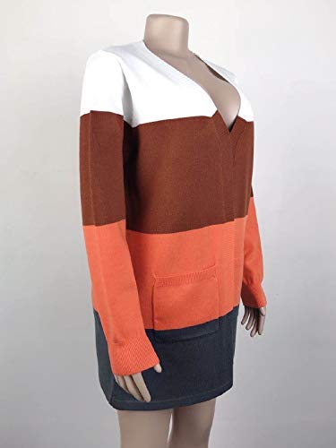 Doufine Cardigã feminino listrado, longo, com bolsos coloridos, Café, S