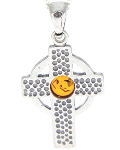 925 Sterling Silver & Genuine Baltic Amber Celtic Cross Pendant - 16403